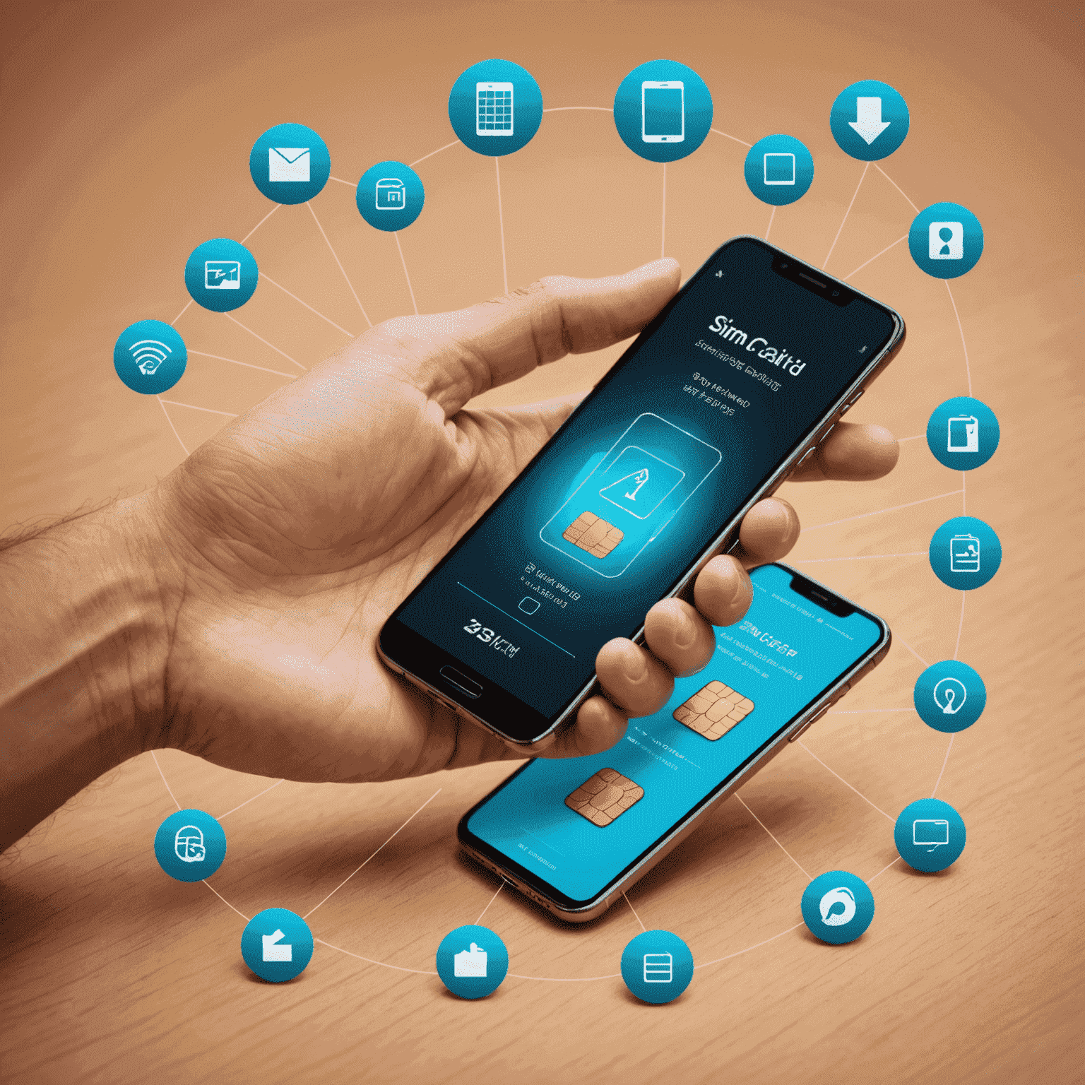 صورة توضيحية لعملية إعادة شحن بطاقة SIM. تظهر يد تحمل هاتفًا ذكيًا وبطاقة SIM بجانبه، مع رموز لشبكات الاتصالات المختلفة في الخلفية.